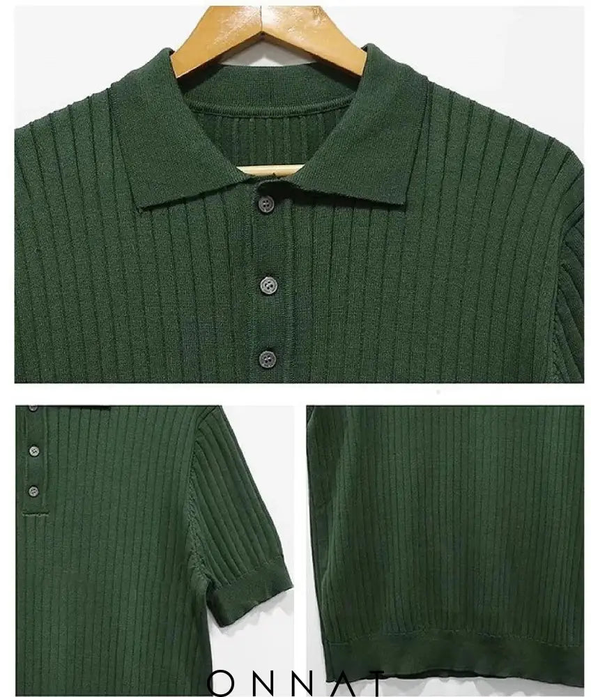 Retro Knitting Lapel Stripe Polo Shirt Menswear