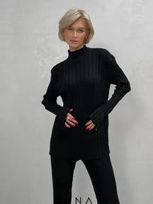 Ribbed Knit Two Piece Set Women Black / One Size Women’s Sets