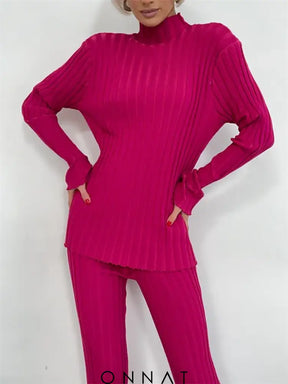 Ribbed Knit Two Piece Set Women Rose Red / One Size Women’s Sets