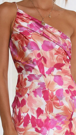 Onnat Ostra - Elegante jurk com één schouder com bloemenprint 