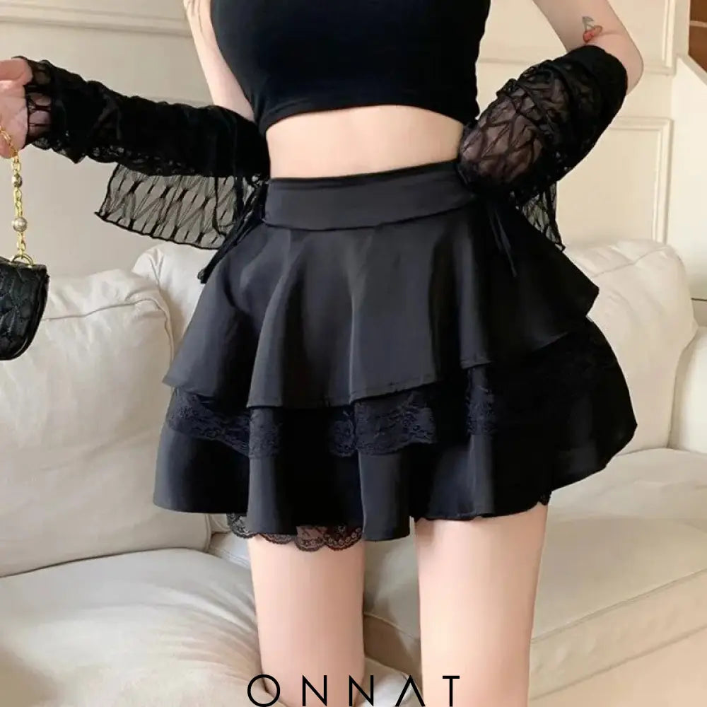 Ruffle Lace Pleated Patchwork Mini Skirt Black / S Skirts