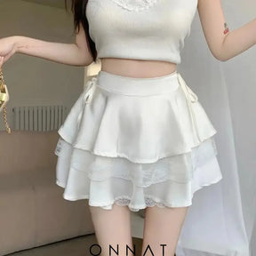 Ruffle Lace Pleated Patchwork Mini Skirt White / S Skirts