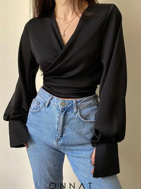 Satin Long Sleeve Wrap Tie Up Crop Shirt Black / S Shirts