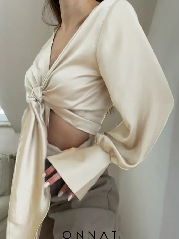 Satin Long Sleeve Wrap Tie Up Crop Shirt Shirts