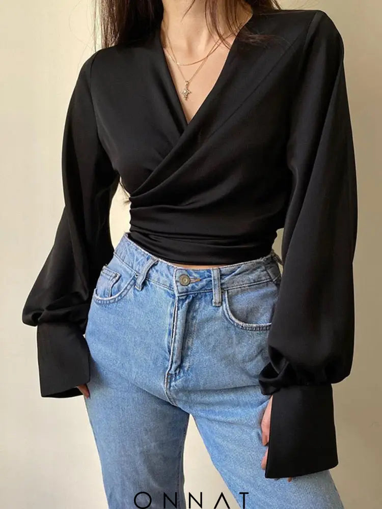 Satin Long Sleeve Wrap Tie Up Crop Shirt Shirts