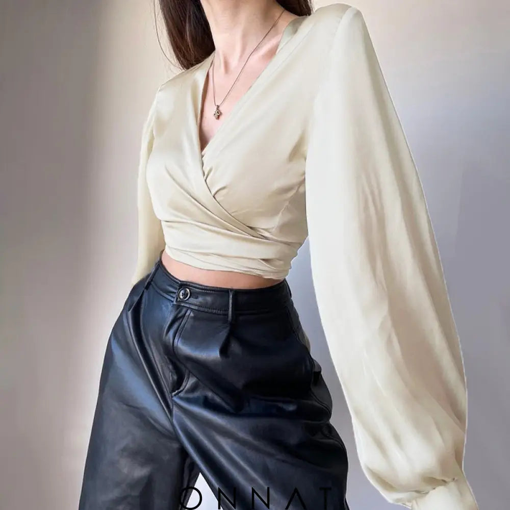 Satin Long Sleeve Wrap Tie Up Crop Shirt Shirts