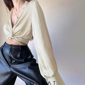 Satin Long Sleeve Wrap Tie Up Crop Shirt Shirts