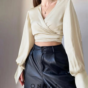 Satin Long Sleeve Wrap Tie Up Crop Shirt Shirts