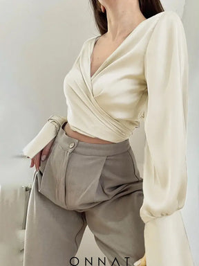 Satin Long Sleeve Wrap Tie Up Crop Shirt Shirts