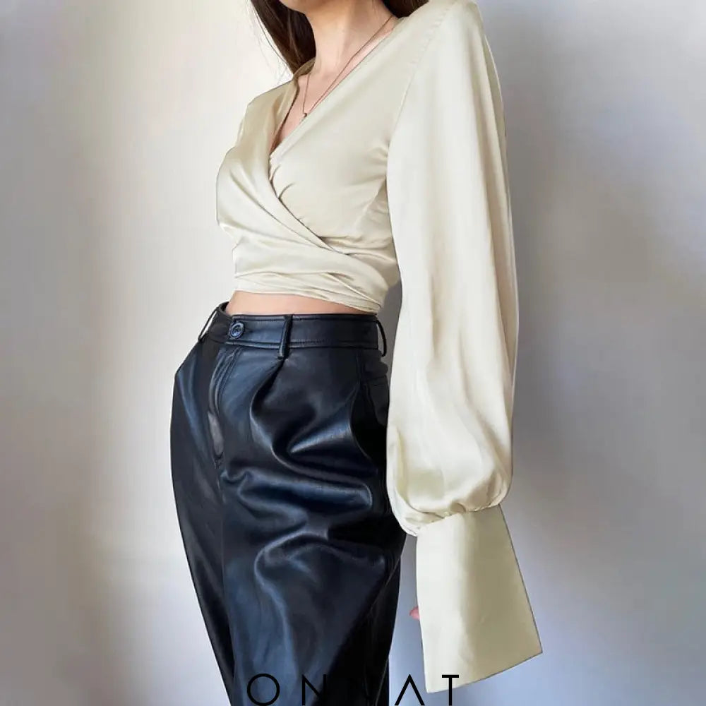 Satin Long Sleeve Wrap Tie Up Crop Shirt Shirts