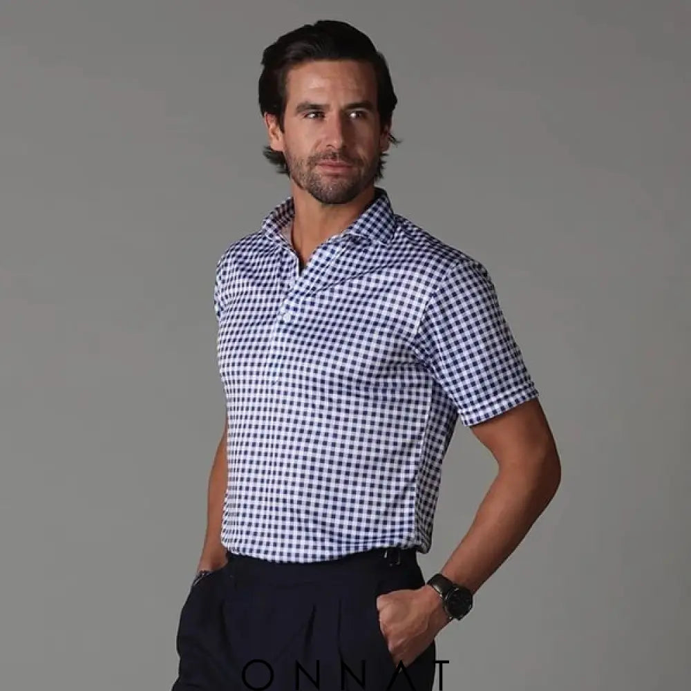 Semi-Spread Collar Polo Navy Gingham / S Menswear