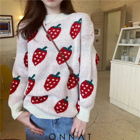 Strawberry Print Sweater One Size / Beige Sweaters & Cardigans