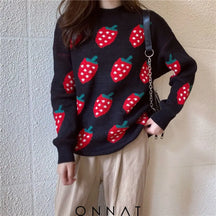 Strawberry Print Sweater One Size / Black Sweaters & Cardigans