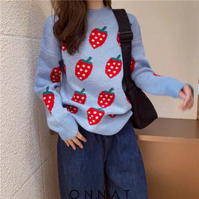 Strawberry Print Sweater One Size / Blue Sweaters & Cardigans