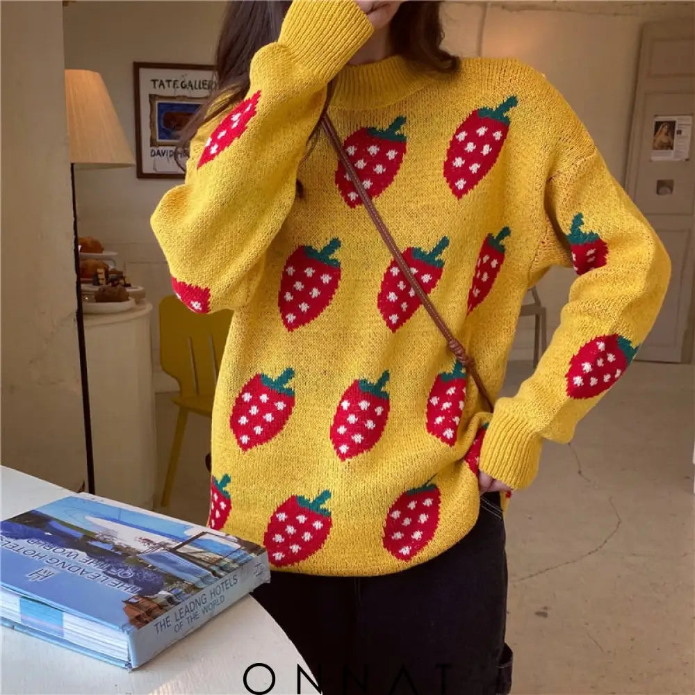 Strawberry Print Sweater One Size / Yellow Sweaters & Cardigans