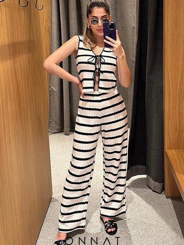 Stripe Knitted Vest Top And Pants Set Women’s Sets