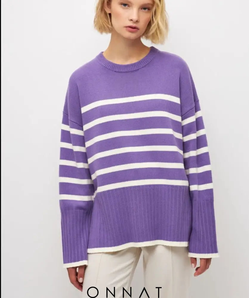 Stripe Lose Sweater Purple-21031 / S Sweaters & Cardigans