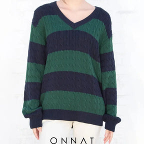 Striped Cabel Knit Sweater One Size / Green Sweaters & Cardigans