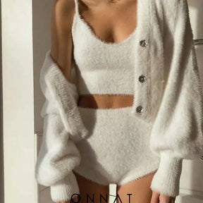 White Knit Fuzzy Three Piece Set Women’s Sets