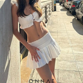 White Ruched Bandeau Top And Mini Skirt Set Women’s Sets