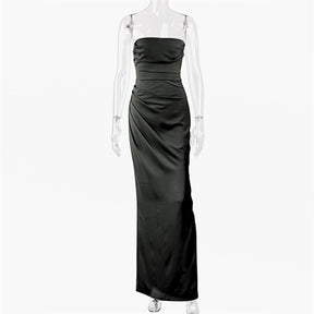 Satin Draped Tube Bodycon Maxi Dress