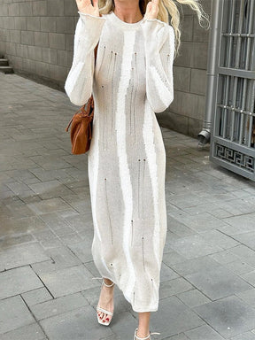 White Knit Distressed Mesh Long Sleeve Maxi Dress