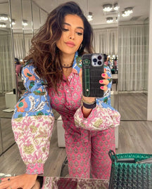 Pink Printed Patchwork Belt Jumpsuit