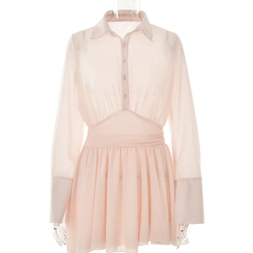 Sheer Collar Pleated Shirt Mini Dress