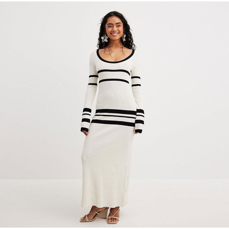 Ribbed White Strap Long Sleeve Maxi Dress