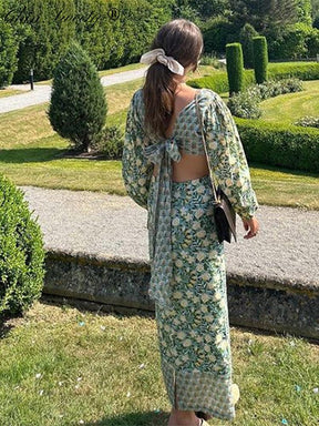 Printed Long Puff Sleeve Back Bow Maxi Dress