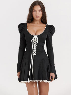 Lace Tie-Up Black Puff Long Sleeve Mini Dress