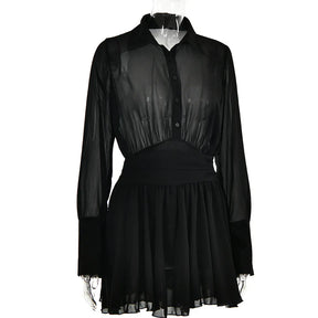 Sheer Collar Pleated Shirt Mini Dress