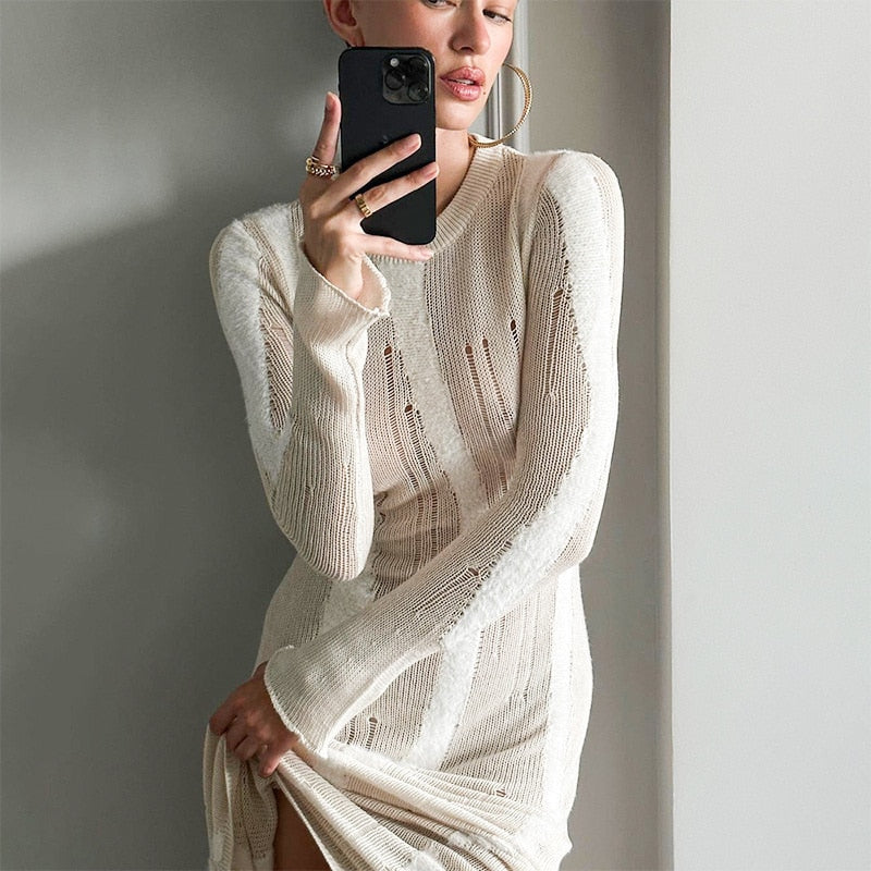 White Knit Distressed Mesh Long Sleeve Maxi Dress