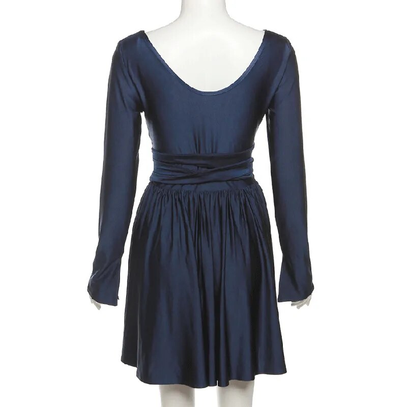 Blue Satin Long Sleeve Ribbon Tie Around Mini Dress