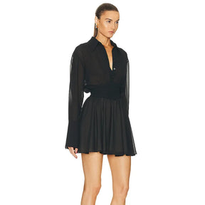 Sheer Collar Pleated Shirt Mini Dress