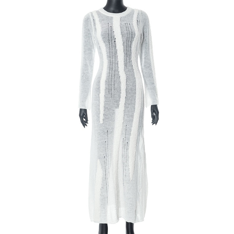 White Knit Distressed Mesh Long Sleeve Maxi Dress