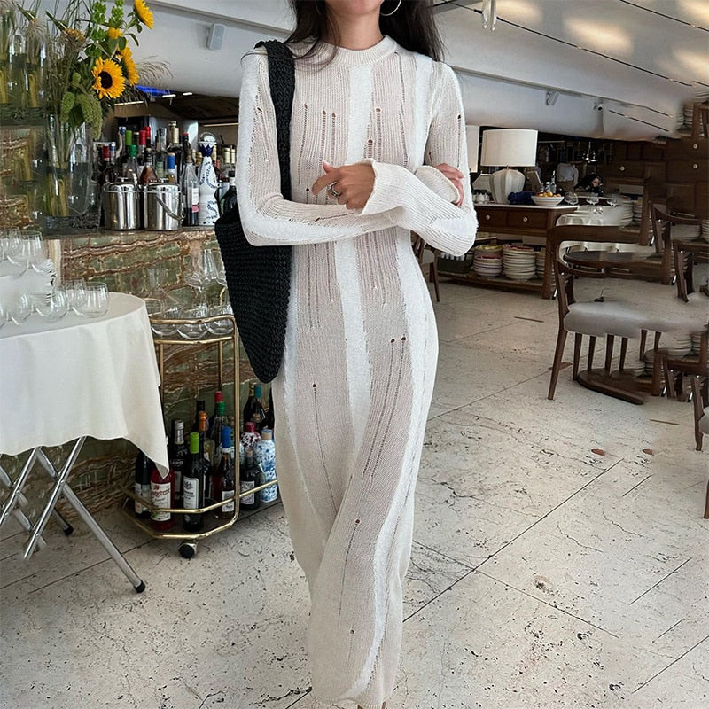 White Knit Distressed Mesh Long Sleeve Maxi Dress