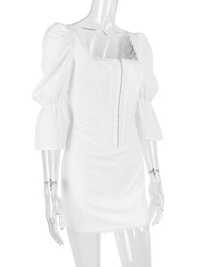 White Puff Sleeve Hook Mini Dress