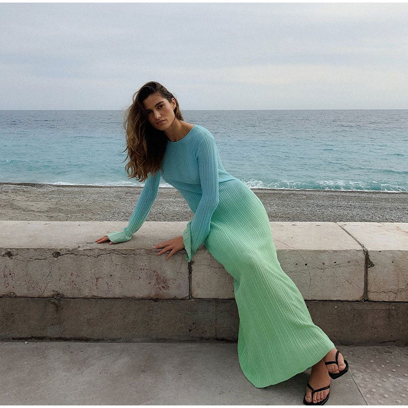 Gradient Flare Long Sleeve Maxi Dress