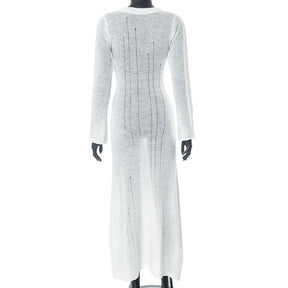 White Knit Distressed Mesh Long Sleeve Maxi Dress