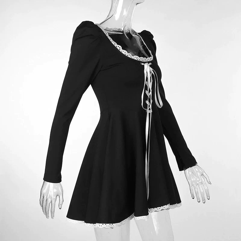 Lace Tie-Up Black Puff Long Sleeve Mini Dress