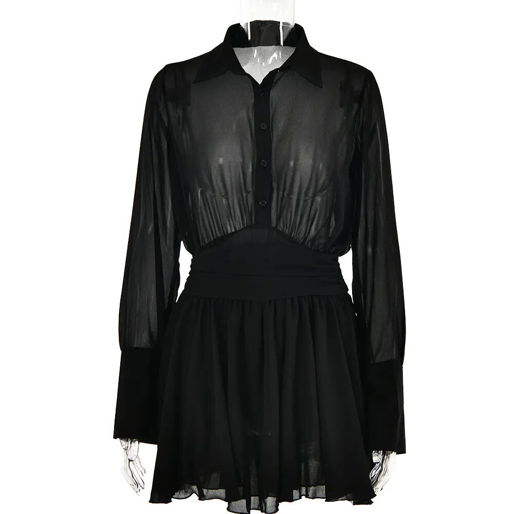 Sheer Collar Pleated Shirt Mini Dress