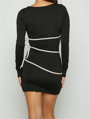 Black Ribbon Tie-Up Long Sleeve Mini Dress