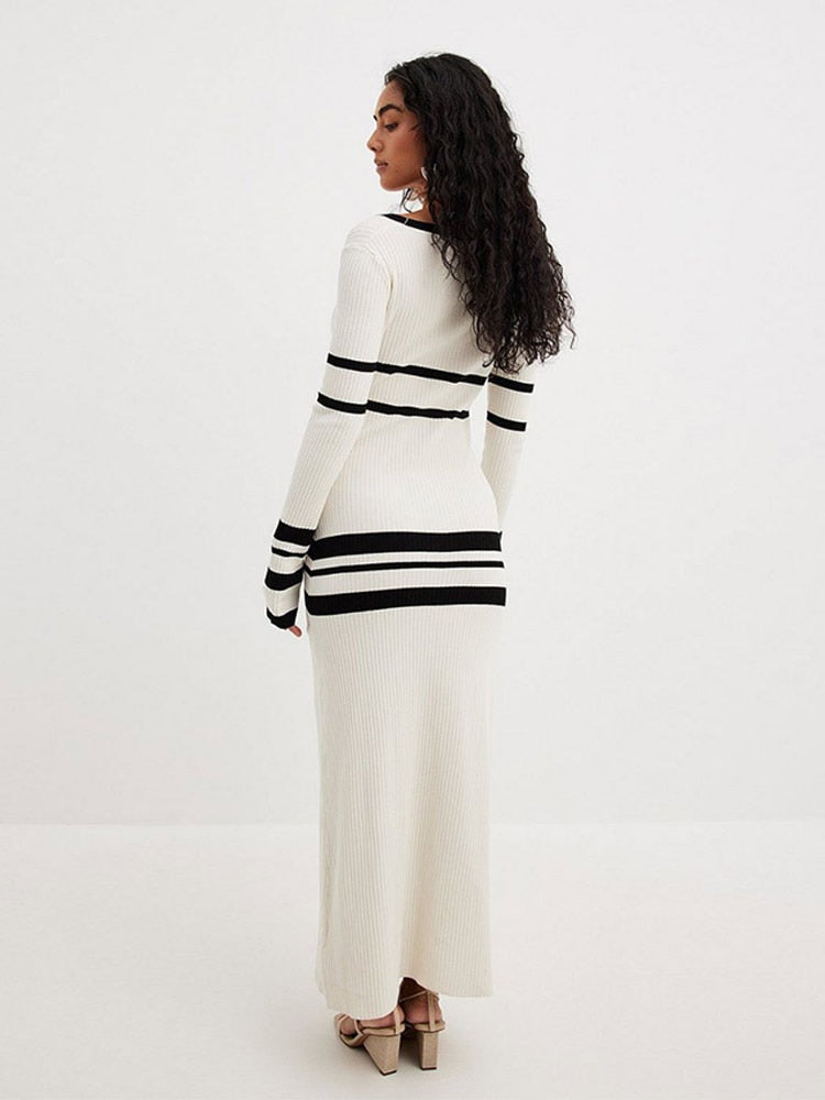 Ribbed White Strap Long Sleeve Maxi Dress