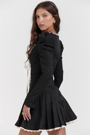 Lace Tie-Up Black Puff Long Sleeve Mini Dress