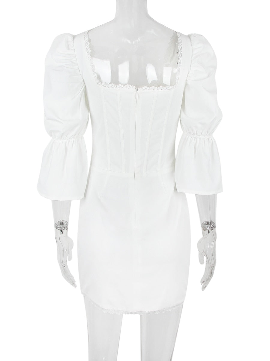 White Puff Sleeve Hook Mini Dress