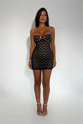 Black Lace Rhinestone Strap Bodycon Mini Dress