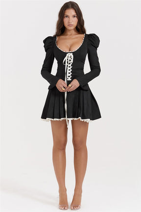 Lace Tie-Up Black Puff Long Sleeve Mini Dress