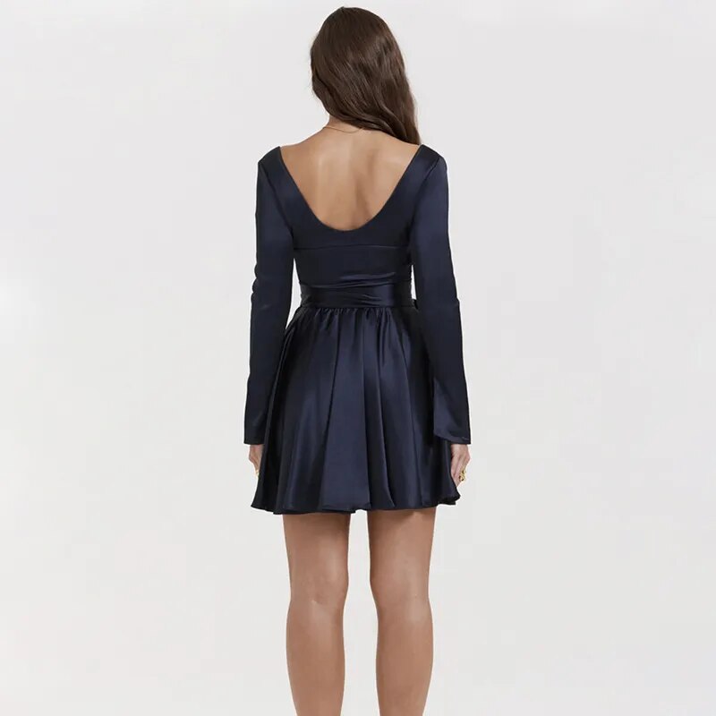 Blue Satin Long Sleeve Ribbon Tie Around Mini Dress