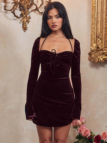 Velvet Long Sleeve Tie Up Mini Dress